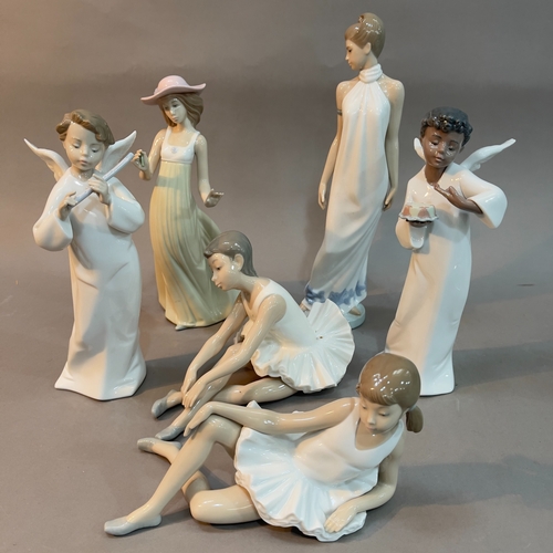 107 - Six Nao figures, two angels a girl with a hat, a woman in a ball gown and two ballerinas