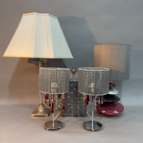 137 - Five decorative table lamps including a pair with prismatic drops, a metal woven example, a tall flu... 