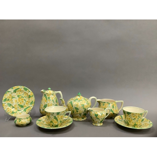 2 - A Crown Ducal Primula patterned tea set for two comprising two cups and saucers, teapot, hot water j... 