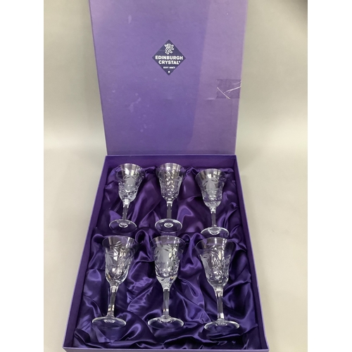 77 - A set of six etched Edinburgh Crystal goblets in box