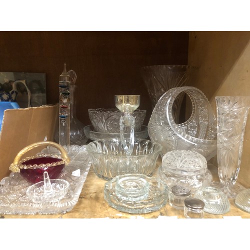 42B - A collection of cut glass comprising dressing table tray and accessories, powder pot, scent bottle, ... 