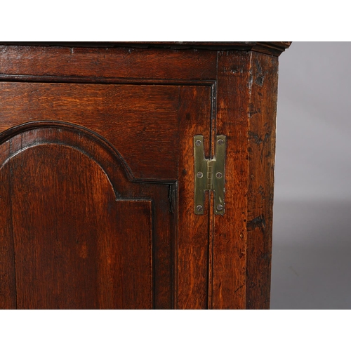 217 - An early 19th century oak hanging corner cupboard,  having a moulded cornice above a single door wit... 