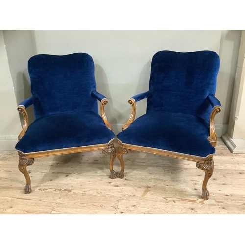 257 - A pair of mid 18th century style walnut open armchairs, upholstered in blue plush with open down swe... 