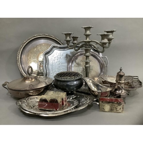 39 - A collection of EPNS comprising circular tray, a twin handled tray, a small salver, two dishes with ... 