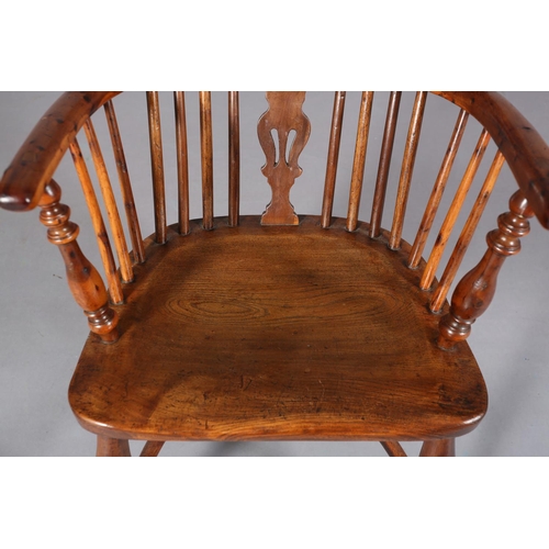 365 - A LATE 18TH CENTURY YEW-WOOD WINDSOR ARMCHAIR, having a pierced splat and rail back, elm seat, turne... 