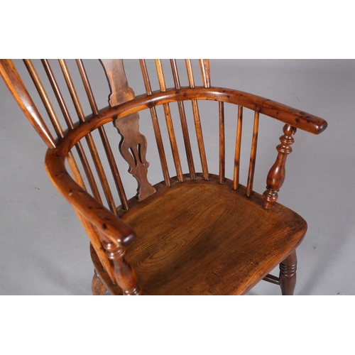 365 - A LATE 18TH CENTURY YEW-WOOD WINDSOR ARMCHAIR, having a pierced splat and rail back, elm seat, turne... 