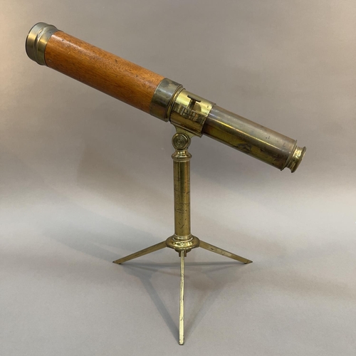 18 - BRASS AND MAHOGANY FOUR DRAW TELESCOPE by Chadburn Brothers Sheffield  on tripod stand, 82cm long (S... 