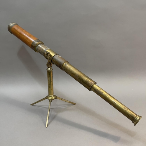 18 - BRASS AND MAHOGANY FOUR DRAW TELESCOPE by Chadburn Brothers Sheffield  on tripod stand, 82cm long (S... 