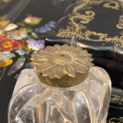 76 - A VICTORIAN PAPIER MACHE DESK STANDISH, painted and inlaid with mother-of-pearl flowers gilt scroll ... 