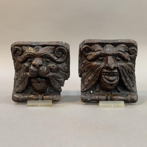 66 - A PAIR OF 18TH CENTURY OAK ANGLE BRACKETS CARVED AS A LION FACE MASK AND GREEN MAN FACE MASK, each w... 