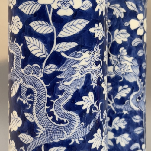 124 - A PAIR OF LATE 19TH CENTURY CHINESE BLUE AND WHITE SLEEVE VASES, Qing, painted with opposing four cl... 