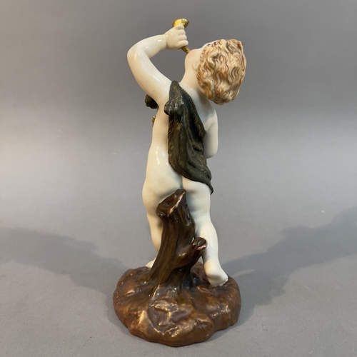 86 - A ROYAL WORCESTER FIGURE OF A DANCING CUPID, holding a horn to his lips, on naturalistic base, print... 