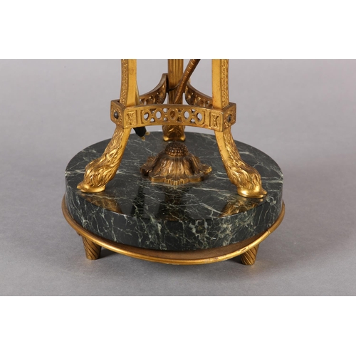 43 - A FRENCH DARK GREEN MARBLE AND GILT METAL TABLE LAMP, raised on three legs with bearded face mask pa... 