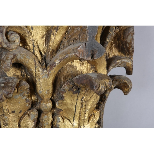 63 - AN 18TH CENTURY GILDED OAK CAPITOL, carved with acanthus and scrollwork, 39cm high x 42cm wide (Ship... 