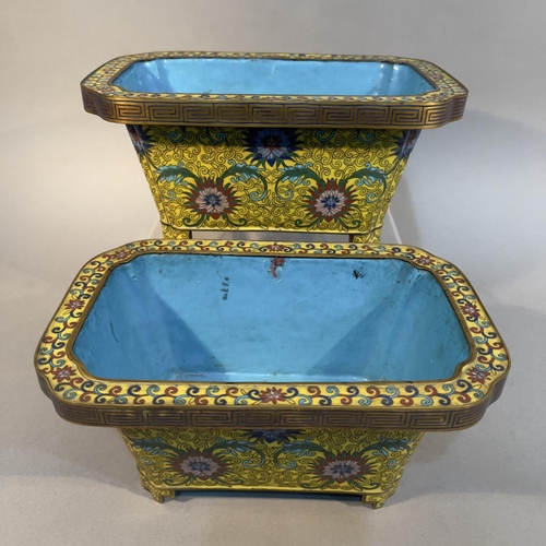 118 - A PAIR OF CHINESE YELLOW AND TURQUOISE CLOISONNÉ JARDINIÈRE, Qing, rectangular with inset corners, i... 