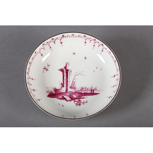 97 - A MID 18TH CENTURY HOCHST PORCELAIN SAUCER DISH, c1755, painted in purpurmalerei with a ruin and fig... 