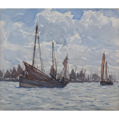 321 - NELSON E DAWSON (1860-1941), Scottish Herring Fleet Off Scarborough, watercolour, signed to lower ri... 