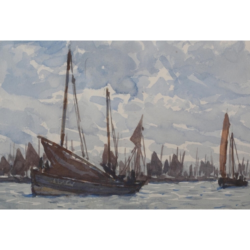 321 - NELSON E DAWSON (1860-1941), Scottish Herring Fleet Off Scarborough, watercolour, signed to lower ri... 