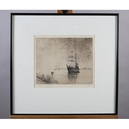 338 - SYDNEY MACKENZIE LITTEN (1887-1934), Schooner at Anchor, black and white etching, limited edition 30... 