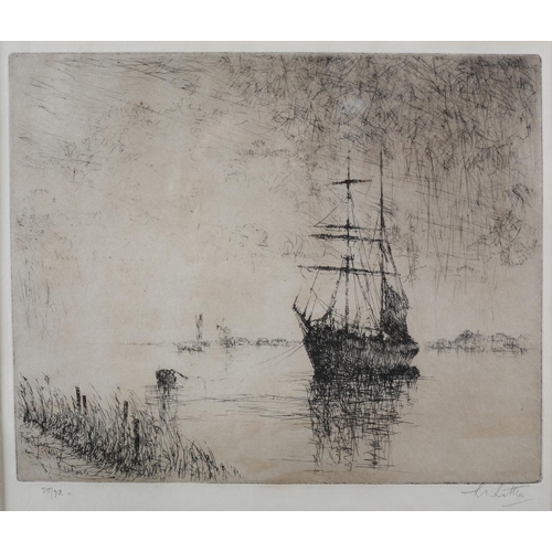 338 - SYDNEY MACKENZIE LITTEN (1887-1934), Schooner at Anchor, black and white etching, limited edition 30... 