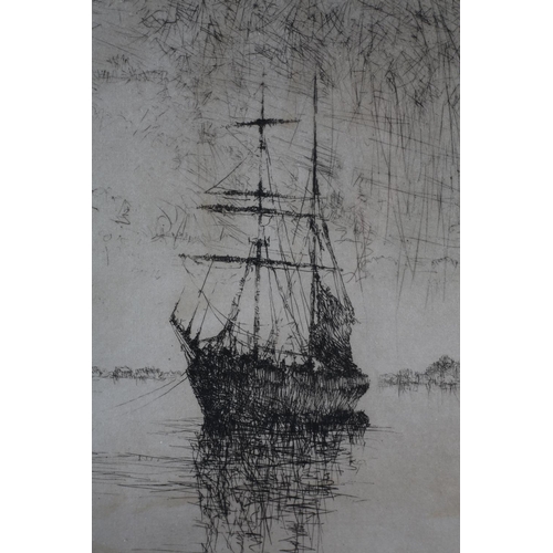 338 - SYDNEY MACKENZIE LITTEN (1887-1934), Schooner at Anchor, black and white etching, limited edition 30... 