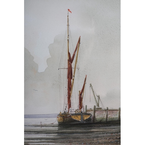 318 - ARR ALAN WHITEHEAD (b.1952), Fishing boat and sailing dinghy at low tide, watercolour, signed to low... 