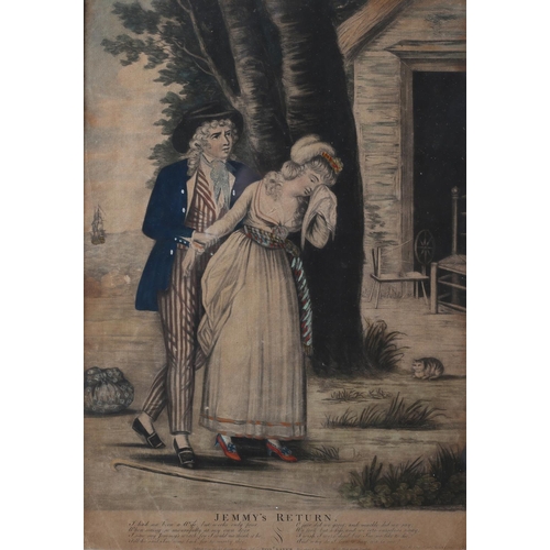 342 - JEMMY'S FAREWELL AND JEMMY'S RETURN, hand-coloured mezzotint, a pair, titled and with four lines of ... 