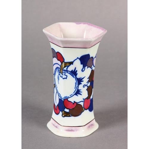 92 - CHARLOTTE RHEAD A VASE, hexagonal, hand painted with fruit within mauve lustre borders, stamped Burl... 