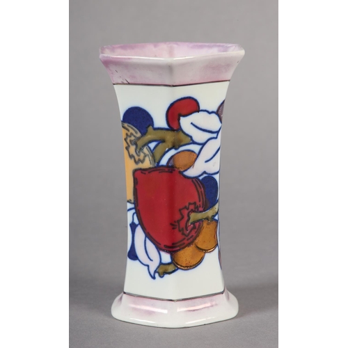 92 - CHARLOTTE RHEAD A VASE, hexagonal, hand painted with fruit within mauve lustre borders, stamped Burl... 