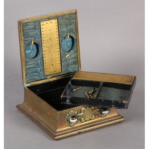 70 - A VICTORIAN BRASS GAMES BOX COLLET SET WITH BANDED AGATE CABOCHONS IN STRAPWORK TO THE LID AND FRONT... 