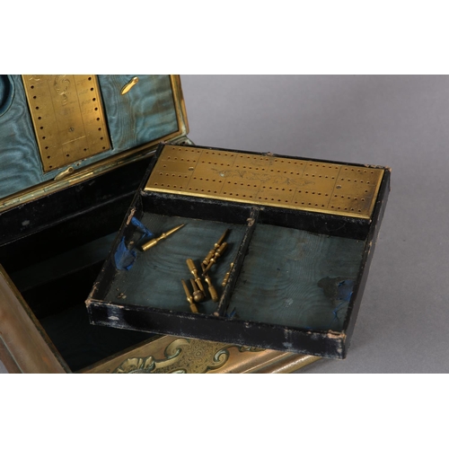 70 - A VICTORIAN BRASS GAMES BOX COLLET SET WITH BANDED AGATE CABOCHONS IN STRAPWORK TO THE LID AND FRONT... 