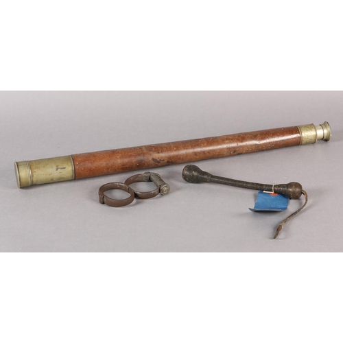 20 - A 19TH CENTURY LEATHER BOUND TELESCOPE, single draw, by Ross of London no 30348, 62m together with a... 