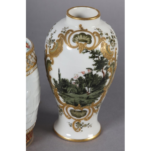 100 - A GERMAN PORCELAIN BALUSTER VASE having a narrow neck, the body hand painted with a scene of a coupl... 