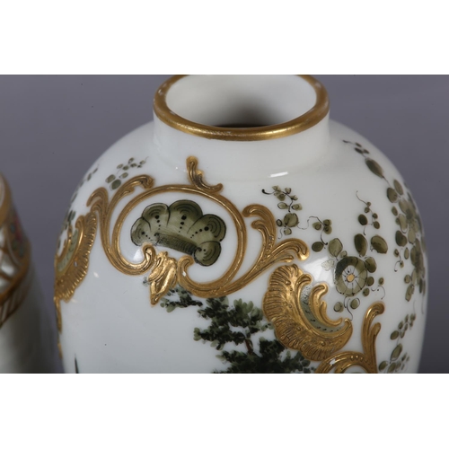 100 - A GERMAN PORCELAIN BALUSTER VASE having a narrow neck, the body hand painted with a scene of a coupl... 