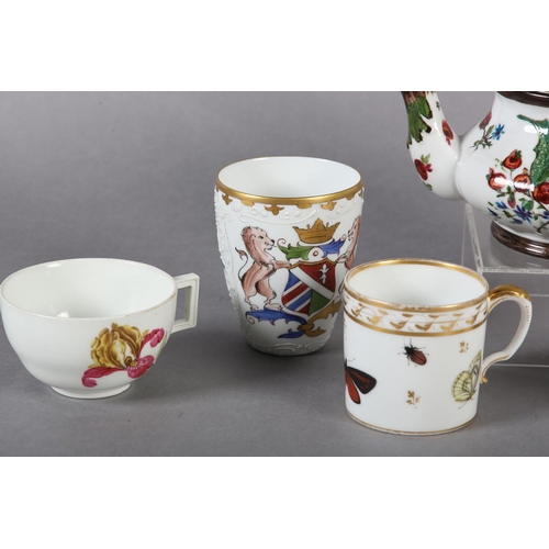 103 - A COLLECTION OF SIX CABINET CUPS, comprising a coffee can painted with insects and gilt, another pai... 