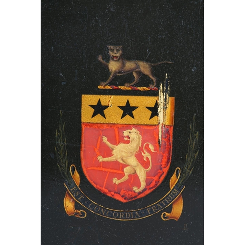 21 - A COAT OF ARMS, beast passant guardant crest, the shield containing three black stars on a gold grou... 