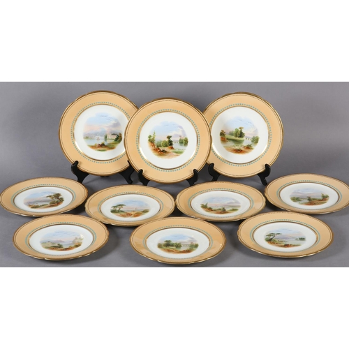 105 - A COLLECTION OF TEN 19TH CENTURY CABINET PLATES, each hand painted to the centre with a landscape wi... 