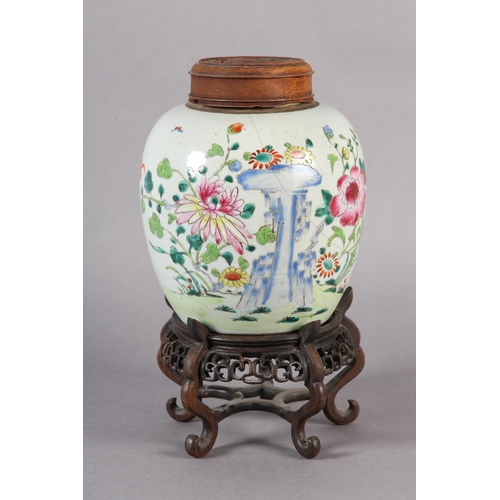 121 - AN 18TH CENTURY CHINESE FAMILLE ROSE GINGER JAR, the ovoid body painted with chrysanthemum and peony... 