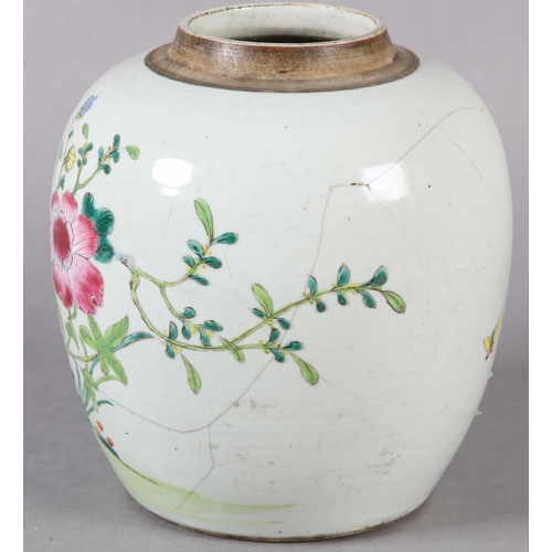 121 - AN 18TH CENTURY CHINESE FAMILLE ROSE GINGER JAR, the ovoid body painted with chrysanthemum and peony... 