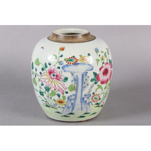 121 - AN 18TH CENTURY CHINESE FAMILLE ROSE GINGER JAR, the ovoid body painted with chrysanthemum and peony... 