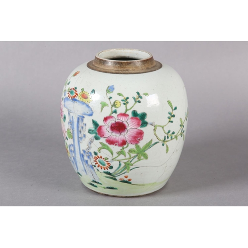 121 - AN 18TH CENTURY CHINESE FAMILLE ROSE GINGER JAR, the ovoid body painted with chrysanthemum and peony... 