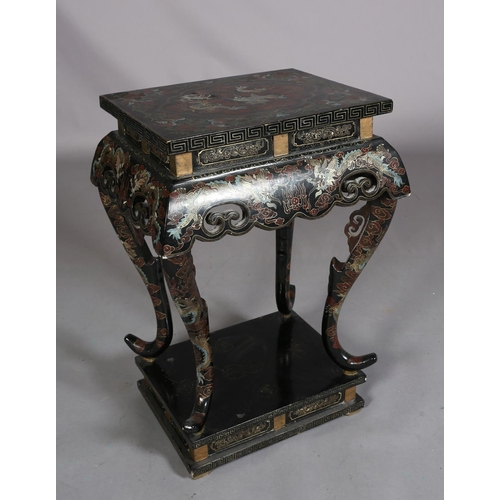 112 - A CHINESE BLACK LACQUERED TABLE OR STAND, Qing, the rectangular top painted in iron red, green blue ... 