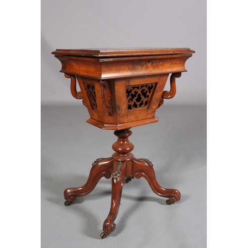 398 - A VICTORIAN FIGURED WALNUT WORK TABLE, inlaid in satinwood with a rose to the centre and a border of... 