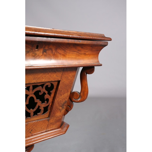 398 - A VICTORIAN FIGURED WALNUT WORK TABLE, inlaid in satinwood with a rose to the centre and a border of... 