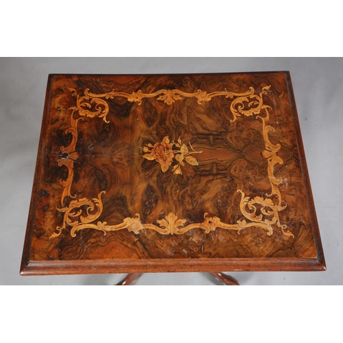 398 - A VICTORIAN FIGURED WALNUT WORK TABLE, inlaid in satinwood with a rose to the centre and a border of... 