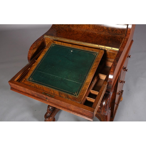 392 - A VICTORIAN FIGURED WALNUT DAVENPORT, having a pierced gilt metal gallery, pop-up back fitted with t... 