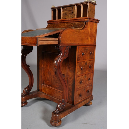 392 - A VICTORIAN FIGURED WALNUT DAVENPORT, having a pierced gilt metal gallery, pop-up back fitted with t... 