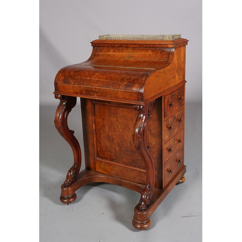 392 - A VICTORIAN FIGURED WALNUT DAVENPORT, having a pierced gilt metal gallery, pop-up back fitted with t... 