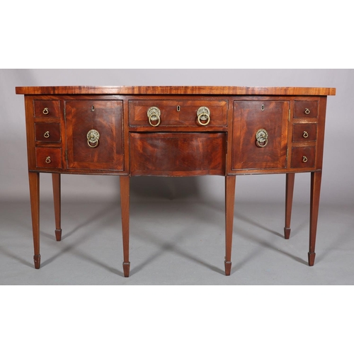 381 - A GEORGE III STYLE MAHOGANY AND CROSSBANDED BOW FRONTED SIDEBOARD, having a drawer and serpentine dr... 