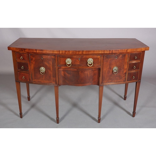 381 - A GEORGE III STYLE MAHOGANY AND CROSSBANDED BOW FRONTED SIDEBOARD, having a drawer and serpentine dr... 